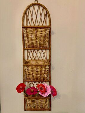 Vintage Bent Wood and Rattan Wicker 3 Tier Hanging Organizer/Display Basket